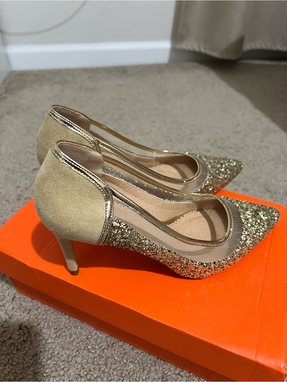 Journee Collection Gold Glitter Pointed Toe Mid Heels with Taupe Suede Back